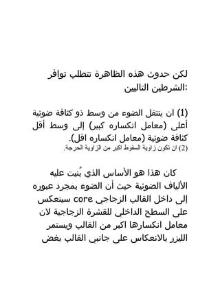 ‫لكن‬‫حدوث‬‫هذه‬‫الظاهرة‬‫تتطلب‬‫توافر‬
‫الشرطين‬‫التاليين‬ :
)1(‫ان‬‫ينتقل‬‫الضوء‬‫من‬‫وسط‬‫ذو‬‫كثافة‬‫ضوئية‬
‫أعلى‬)‫معامل‬‫انكساره‬(‫إلى‬ ‫كبير‬‫وسط‬‫أقل‬
‫كثافة‬‫ضوئية‬)‫معامل‬‫انكساره‬.(‫اقل‬
)2.‫الحرجة‬ ‫الزاوية‬ ‫من‬ ‫اكبر‬ ‫السقوط‬ ‫زاوية‬ ‫تكون‬ ‫ان‬ (
‫كان‬‫هذا‬‫هو‬‫الساس‬‫الذي‬‫بنيت‬ُ‫عليه‬
‫اللياف‬‫الضوئية‬‫حيث‬‫أن‬‫الضوء‬‫بمجرد‬‫عبوره‬
‫إلى‬‫داخل‬‫القالب‬‫الزجاجي‬core‫سينعكس‬
‫على‬‫السطح‬‫الداخلي‬‫للقشرة‬‫الزجاجية‬‫لن‬
‫معامل‬‫انكسارها‬‫اكبر‬‫من‬‫القالب‬‫ويستمر‬
‫الليزر‬‫بالنعكاس‬‫على‬‫جانبي‬‫القالب‬‫بغض‬
 