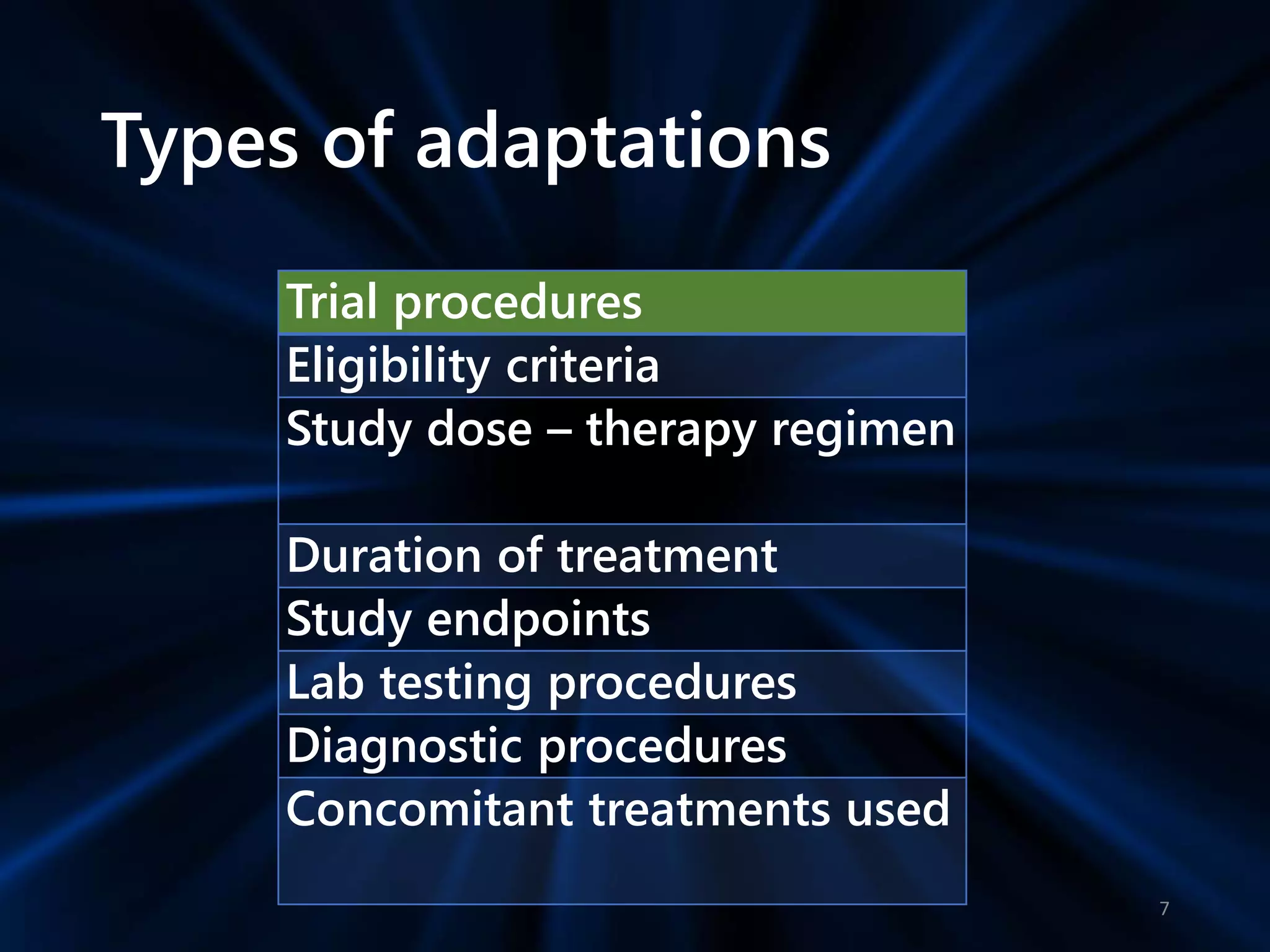 Types of adaptations
Trial procedures
Eligibility criteria
Study dose – therapy regimen
Duration of treatment
Study endpoints
Lab testing procedures
Diagnostic procedures
Concomitant treatments used
7
 