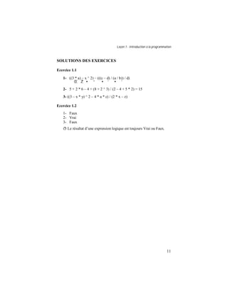 Leçon 1 : Introduction à la programmation
11
SOLUTIONS DES EXERCICES
Ecercice 1.1
1- ((3 * a) – x ^ 2) – (((c – d) / (a / b)) / d)
Œ Ž • “ • ‘ • ’
2- 5 + 2 * 6 – 4 + (8 + 2 ^ 3) / (2 – 4 + 5 * 2) = 15
3- ((3 – x * y) ^ 2 – 4 * a * c) / (2 * x – z)
Ecercice 1.2
1- Faux
2- Vrai
3- Faux
ð Le résultat d’une expression logique est toujours Vrai ou Faux.
 