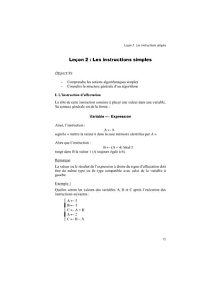 Leçon 2 : Les instructions simples
12
Leçon 2 : Les instructions simples
Objectifs
- Comprendre les actions algorithmiques simples
- Connaître la structure générale d’un algorithme
I. L instruction d affectation
Le rôle de cette instruction consiste à placer une valeur dans une variable.
Sa syntaxe générale est de la forme :
Variable ← Expression
Ainsi, l’instruction :
A ← 6
signifie « mettre la valeur 6 dans la case mémoire identifiée par A ».
Alors que l’instruction :
B ← (A + 4) Mod 3
range dans B la valeur 1 (A toujours égale à 6).
Remarque
La valeur ou le résultat de l’expression à droite du signe d’affectation doit
être de même type ou de type compatible avec celui de la variable à
gauche.
Exemple 1
Quelles seront les valeurs des variables A, B et C après l’exécution des
instructions suivantes :
A ← 5
B ← 3
C ← A + B
A ← 2
C ← B – A
 
