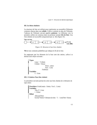 Leçon 11 : Structures de données dynamiques
132
III. Les listes chaînées
La structure de liste est utilisée pour représenter un ensemble d’éléments
contenus chacun dans une cellule. Celle-ci contient en plus de l’élément,
l’adresse de l’élément suivant appelée pointeur. La référence vers la
première cellule est contenue dans un pointeur nommé tête de liste. Une
liste chaînée est accessible uniquement par sa tête (figure 16).
Figure 16. Structure d’une liste chaînée
Nil est une constante prédéfinie qui indique la fin de la liste.
En supposant que les éléments de la liste sont des entiers, celle-ci se
déclare de la façon suivante :
Types
Liste = ^Cellule
Cellule = Struct
Elem : entier
Suiv : Liste
FinStruct
Variables
L : Liste
III.1. Création d une liste chaînée
La procédure suivante permet de créer une liste chaînée de n éléments de
type entier.
Procédure CréatListe(n : Entier, Var L : Liste)
Variables
Tête, P : Liste
i : Entier
Début
Allouer(Tête)
Ecrire(”Entrer l’élément de tête : ”) Lire(Tête^.Elem)
e1 e2 e3
Tête de liste
Fin de
liste (Nil)
 
