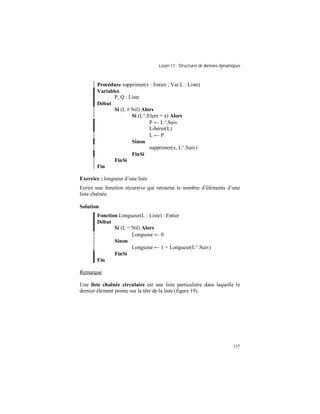 Leçon 11 : Structures de données dynamiques
137
Procédure supprimer(x : Entier ; Var L : Liste)
Variables
P, Q : Liste
Début
Si (L # Nil) Alors
Si (L^.Elem = x) Alors
P ← L^.Suiv
Libérer(L)
L ← P
Sinon
supprimer(x, L^.Suiv)
FinSi
FinSi
Fin
Exercice : longueur d’une liste
Ecrire une fonction récursive qui retourne le nombre d’éléments d’une
liste chaînée.
Solution
Fonction Longueur(L : Liste) : Entier
Début
Si (L = Nil) Alors
Longueur ← 0
Sinon
Longueur ← 1 + Longueur(L^.Suiv)
FinSi
Fin
Remarque
Une liste chaînée circulaire est une liste particulière dans laquelle le
dernier élément pointe sur la tête de la liste (figure 19).
 