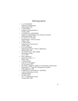 159
Bibliographie
• C. et P. RICHARD
Initiation à l’algorithmique
Editions Belin, 1981.
• C. DELANNOY
Initiation à la programmation »
Eyrolles, 2000.
• J. COURTIN et I. KOWARSKI
Initiation à l’algorithmique et aux structures de données
Dunod informatique, 1987.
• G. CHATY et J. VICARD
Programmation : cours et exercices
Ellipses, 1992.
• C. DELANNOY
Programmer en Turbo Pascal 7
Eyrolles, 2000.
• B. S. GOTTFRIED
Programmation Pascal : théorie et applications
McGraw-Hill, 1992.
• M. SAHNOUN & F. BEN AMOR
Informatique de base
C.L.E, 1999.
• Micro Application
Grand livre Visual C++ 5
Édition 1998.
• J. MAILLEFERT
Cours et T.P de langage C
IUT de Cachan, 1995.
• M.GAFSI,A.ABIDI, M.JARRAYA, M.HASSEN et M.TOUAITI
Informatique, 7ème
année de l’enseignement secondaire
Orbis impression, 1996.
• P. BRETON, G. DUFOURD et E. HEILMAN
L’option informatique au lycée
Editions Hachette.
• M. MOLLARET
C/C++ et programmation objet
Armand Colin, 1989.
 