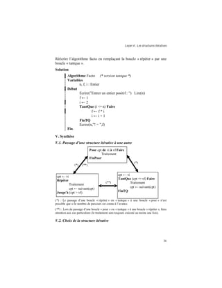 Leçon 4 : Les structures itératives
36
Réécrire l’algorithme facto en remplaçant la boucle « répéter » par une
boucle « tantque ».
Solution
Algorithme Facto (* version tantque *)
Variables
n, f, i : Entier
Début
Ecrire(”Entrer un entier positif : ”) Lire(n)
f ← 1
i ← 2
TantQue (i <= n) Faire
f ← f * i
i ← i + 1
FinTQ
Ecrire(n,”! = ”,f)
Fin.
V. Synthèse
V.1. Passage d une structure itérative à une autre
(*) : Le passage d’une boucle « répéter » ou « tantque » à une boucle « pour » n’est
possible que si le nombre de parcours est connu à l’avance.
(**) : Lors du passage d’une boucle « pour » ou « tantque » à une boucle « répéter », faire
attention aux cas particuliers (le traitement sera toujours exécuté au moins une fois).
V.2. Choix de la structure itérative
Pour cpt de vi à vf Faire
Traitement
FinPour
cpt ← vi
Répéter
Traitement
cpt ← suivant(cpt)
Jusqu à (cpt > vf)
cpt ← vi
TantQue (cpt <= vf) Faire
Traitement
cpt ← suivant(cpt)
FinTQ
(*) (**)
(*)
(**)
 