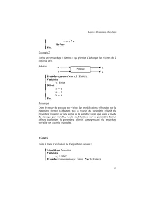 Leçon 6 : Procédures et fonctions
63
c ← c * a
FinPour
Fin.
Exemple 2
Ecrire une procédure « permut » qui permet d’échanger les valeurs de 2
entiers a et b.
Solution
Procédure permut(Var a, b : Entier)
Variables
x : Entier
Début
x ← a
a ← b
b ← x
Fin.
Remarque
Dans le mode de passage par valeur, les modifications effectuées sur le
paramètre formel n’affectent pas la valeur du paramètre effectif (la
procédure travaille sur une copie de la variable) alors que dans le mode
de passage par variable, toute modification sur le paramètre formel
affecte également le paramètre effectif correspondant (la procédure
travaille sur la copie originale).
Exercice
Faire la trace d’exécution de l’algorithme suivant :
Algorithme Paramètre
Variables
i, j : Entier
Procédure transmission(a : Entier ; Var b : Entier)
Permut
a
b a
b
 