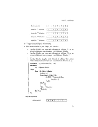 Leçon 7 : Les tableaux
76
Tableau initial 6 4 3 5 2
Après la 1ère
itération 4 3 5 2 6
Après la 2ème
itération 3 4 2 5 6
Après la 3ème
itération 3 2 4 5 6
Après la 4ème
itération 2 3 4 5 6
b- Tri par sélection (par minimum)
C’est la méthode de tri la plus simple, elle consiste à :
- chercher l’indice du plus petit élément du tableau T[1..n] et
permuter l’élément correspondant avec l’élément d’indice 1
- chercher l’indice du plus petit élément du tableau T[2..n] et
permuter l’élément correspondant avec l’élément d’indice 2
- …
- chercher l’indice du plus petit élément du tableau T[n-1..n] et
permuter l’élément correspondant avec l’élément d’indice (n-1).
Procédure Tri_Selection(Var T : Tab)
Variables
i, j, x, indmin : Entier
Début
Pour i de 1 à (n-1) Faire
indmin ← i
Pour j de (i+1) à n Faire
Si (T[j] < T[indmin]) Alors
indmin ← j
FinSi
FinPour
x ← T[i]
T[i] ← T[indmin]
T[indmin] ← x
FinPour
Fin
Trace d éxécution
Tableau initial 6 4 2 3 5
 