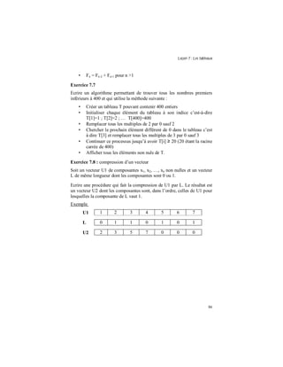 Leçon 7 : Les tableaux
86
• Fn = Fn-2 + Fn-1 pour n >1
Exercice 7.7
Ecrire un algorithme permettant de trouver tous les nombres premiers
inférieurs à 400 et qui utilise la méthode suivante :
• Créer un tableau T pouvant contenir 400 entiers
• Initialiser chaque élément du tableau à son indice c’est-à-dire
T[1]=1 ; T[2]=2 ; … T[400]=400
• Remplacer tous les multiples de 2 par 0 sauf 2
• Chercher le prochain élément différent de 0 dans le tableau c’est
à dire T[3] et remplacer tous les multiples de 3 par 0 sauf 3
• Continuer ce processus jusqu’à avoir T[i] ≥ 20 (20 étant la racine
carrée de 400)
• Afficher tous les éléments non nuls de T.
Exercice 7.8 : compression d’un vecteur
Soit un vecteur U1 de composantes x1, x2, …, xn non nulles et un vecteur
L de même longueur dont les composantes sont 0 ou 1.
Ecrire une procédure qui fait la compression de U1 par L. Le résultat est
un vecteur U2 dont les composantes sont, dans l’ordre, celles de U1 pour
lesquelles la composante de L vaut 1.
Exemple
U1 1 2 3 4 5 6 7
L 0 1 1 0 1 0 1
U2 2 3 5 7 0 0 0
 
