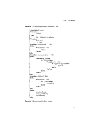 Leçon 7 : Les tableaux
94
Exercice 7.7 : nombres premiers inférieurs à 400
Algorithme Premiers
Constantes
n = 400
Types
Tab = Tableau[1..n] de Entier
Variables
Prem : Tab
i, j : Entier
Procédure initialiser(Var T : Tab)
Début
Pour i de 1 à n Faire
T[i] ← i
FinPour
Fin
Procédure mise_a_zero(Var T : Tab)
Début
Pour i de 1 à 20 Faire
Si (T[i] # 0) Alors
Pour j de i+1 à n Faire
Si (T[j] Mod T[i] = 0) Alors
T[j] ← 0
FinSi
FinPour
FinSi
FinPour
Fin
Procédure afficher(T : Tab)
Début
Pour i de 1 à n Faire
Si (T[i] # 0) Alors
Ecrire(T[i])
FinSi
FinPour
Fin
Début
initialiser(Prem)
mise_a_zero(Prem)
afficher(Perm)
Fin.
Exercice 7.8 : compression d’un vecteur
 