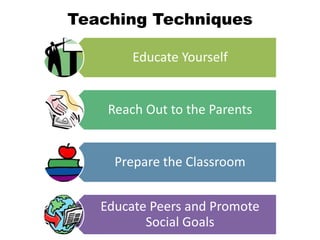 Educate Yourself
Reach Out to the Parents
Prepare the Classroom
Educate Peers and Promote
Social Goals
Teaching Techniques
 