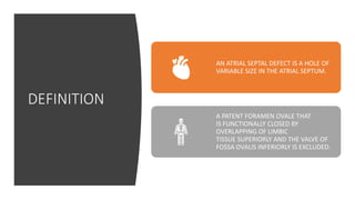 DEFINITION
AN ATRIAL SEPTAL DEFECT IS A HOLE OF
VARIABLE SIZE IN THE ATRIAL SEPTUM.
A PATENT FORAMEN OVALE THAT
IS FUNCTIONALLY CLOSED BY
OVERLAPPING OF LIMBIC
TISSUE SUPERIORLY AND THE VALVE OF
FOSSA OVALIS INFERIORLY IS EXCLUDED.
 