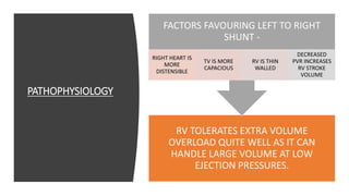 PATHOPHYSIOLOGY
RV TOLERATES EXTRA VOLUME
OVERLOAD QUITE WELL AS IT CAN
HANDLE LARGE VOLUME AT LOW
EJECTION PRESSURES.
FACTORS FAVOURING LEFT TO RIGHT
SHUNT -
RIGHT HEART IS
MORE
DISTENSIBLE
TV IS MORE
CAPACIOUS
RV IS THIN
WALLED
DECREASED
PVR INCREASES
RV STROKE
VOLUME
 