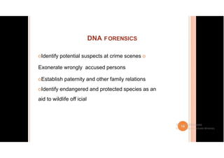 DNA FORENSICS
oIdentify potential suspects at crime scenes o
Exonerate wrongly accused persons
oEstablish paternity and other family relations
oIdentify endangered and protected species as an
aid to wildlife off icial
 