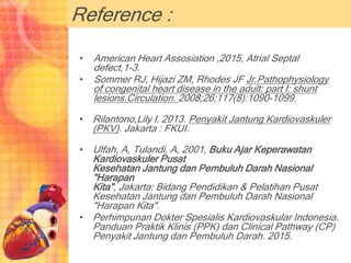 Reference :
• American Heart Assosiation ,2015, Atrial Septal
defect,1-3.
• Sommer RJ, Hijazi ZM, Rhodes JF Jr.Pathophysiology
of congenital heart disease in the adult: part I: shunt
lesions.Circulation. 2008;26;117(8):1090-1099.
• Rilantono,Lily l. 2013. Penyakit Jantung Kardiovaskuler
(PKV). Jakarta : FKUI.
• Ulfah, A, Tulandi, A, 2001, Buku Ajar Keperawatan
Kardiovaskuler Pusat
Kesehatan Jantung dan Pembuluh Darah Nasional
"Harapan
Kita", Jakarta: Bidang Pendidikan & Pelatihan Pusat
Kesehatan Jantung dan Pembuluh Darah Nasional
"Harapan Kita".
• Perhimpunan Dokter Spesialis Kardiovaskular Indonesia.
Panduan Praktik Klinis (PPK) dan Clinical Pathway (CP)
Penyakit Jantung dan Pembuluh Darah. 2015.
 