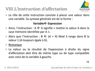 VIII.L’instruction d’affectation 
 Le rôle de cette instruction consiste à placer une valeur dans 
une variable. Sa syntaxe générale est de la forme : 
Variable Expression 
 Ainsi, l’instruction : A  6 signifie « mettre la valeur 6 dans la 
case mémoire identifiée par A ». 
 Alors que l’instruction : B  (A + 4) Mod 3 range dans B la 
valeur 1 (A toujours égale à 6). 
 Remarque 
 La valeur ou le résultat de l’expression à droite du signe 
d’affectation doit être de même type ou de type compatible 
avec celui de la variable à gauche. 
18 
2014/2015 ALGORITHME & STRUCTURES DE DONNÉES I 
 