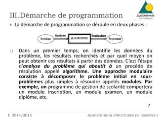 III.Démarche de programmation 
 La démarche de programmation se déroule en deux phases : 
1) Dans un premier temps, on identifie les données du 
problème, les résultats recherchés et par quel moyen on 
peut obtenir ces résultats à partir des données. C’est l’étape 
d’analyse du problème qui aboutit à un procédé de 
résolution appelé algorithme. Une approche modulaire 
consiste à décomposer le problème initial en sous-problèmes 
plus simples à résoudre appelés modules. Par 
exemple, un programme de gestion de scolarité comportera 
un module inscription, un module examen, un module 
diplôme, etc. 
7 
2014/2015 ALGORITHME & STRUCTURES DE DONNÉES I 
 