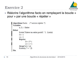 Exercice 2 
 Réécrire l’algorithme facto en remplaçant la boucle « 
pour » par une boucle « répéter » 
19 Algorithme & structures de données I 2014/2015 
 