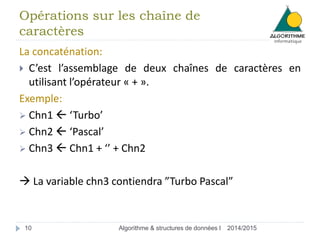 Opérations sur les chaîne de 
caractères 
La concaténation: 
 C’est l’assemblage de deux chaînes de caractères en 
utilisant l’opérateur « + ». 
Exemple: 
 Chn1  ‘Turbo’ 
 Chn2  ‘Pascal’ 
 Chn3  Chn1 + ‘’ + Chn2 
 La variable chn3 contiendra ”Turbo Pascal” 
10 Algorithme & structures de données I 2014/2015 
 