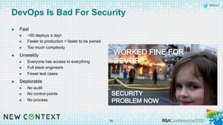 #RSAC
DevOps Is Bad For Security
u  Fast
u  ~50 deploys a day!
u  Faster to production = faster to be pwned
u  Too much complexity
u  Unwieldy
u  Everyone has access to everything
u  Full stack engineers
u  Fewer test cases
u  Deplorable
u  No audit
u  No control points
u  No process
16
 