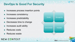 #RSAC
DevOps Is Good For Security
u  Increases process insertion points
u  Increases consistency
u  Increases predictability
u  Decreases time to change
u  Increases audit ability
u  Reduces costs
u  Reduces waste
17
Simple	
   Manageable	
  
Automatable	
   Testable	
  
 