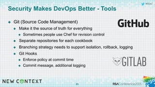 #RSAC
Security Makes DevOps Better - Tools
u  Git (Source Code Management)
u  Make it the source of truth for everything
u  Sometimes people use Chef for revision control
u  Separate repositories for each cookbook
u  Branching strategy needs to support isolation, rollback, logging
u  Git Hooks
u  Enforce policy at commit time
u  Commit message, additional logging
23
 