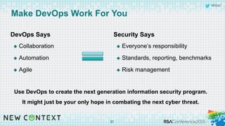 #RSAC
Make DevOps Work For You
DevOps Says
u  Collaboration
u  Automation
u  Agile
Security Says
u  Everyone’s responsibility
u  Standards, reporting, benchmarks
u  Risk management
37
Use DevOps to create the next generation information security program.
It might just be your only hope in combating the next cyber threat.
 
