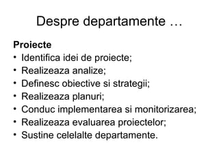Despre departamente … Proiecte Identifica idei de proiecte; Realizeaza analize; Definesc obiective si strategii; Realizeaza planuri; Conduc implementarea si monitorizarea; Realizeaza evaluarea proiectelor; Sustine celelalte departamente. 