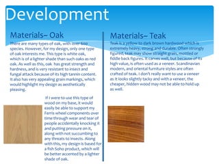 Development
                                          Base
Materials~ Oak                                         Materials~ Teak
There are many types of oak, with over 600             Teak is a yellow to dark brown hardwood which is
species. However, for my design, only one type         extremely heavy, strong and durable. Often strongly
of oak interests me. This type is white oak,           figured, teak may show straight grain, mottled or
which is of a lighter shade than such oaks as red      fiddle back figures. It carves well, but because of its
oak. As well as this, oak has great strength and       high value, is often used as a veneer. Scandinavian
hardness, and is very resistant to insect and          modern, and oriental furniture styles are often
fungal attack because of its high tannin content.      crafted of teak. I don’t really want to use a veneer
It also has very appealing grain markings, which       as It looks slightly tacky and with a veneer, the
would highlight my design as aesthetically             cheaper, hidden wood may not be able to hold up
pleasing.                                              as well.
                    If I were to use this type of                              If I were to use teak, I would
                   wood on my base, it would                                   have to spend a lot of money in
                   easily be able to support my                                order to get the amount I
                   Ferris wheel components over                                desired. If I used a veneer,
                   time through wear and tear of                               however, the durability may be
                   people accidentally knocking it                             decreased. As for its weight,
                   and putting pressure on it,                                 teak is very heavy and with my
                   along with not succumbing to                                Ferris wheel components and
                   any threats to insects. Along                               everything else, my design
                   with this, my design is based for                           would be hard to move around
                   a fish Soho product, which will                             and I would have to design it to
                   be better accented by a lighter                             be taken apart to be moved.
                   shade of oak.
 