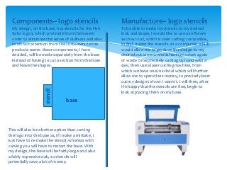 Components~ logo stencils                           Manufacture~ logo stencils
  My design, on the base, has stencils for the Fish   To be able to make my stencils to my desired
  Soho logos, which protrude from the base in         look and shape, I would like to use a software
  order to eliminate the sense of dullness and also   such as I-cut, which is laser cutting compatible,
  to attract attention from the customers to the      to first create the stencils on a computer, which
  products name. these components, I have             would allow me to produce the design to my
  decided, will be made separately from the base      desired outcome without having to start again
  instead of having to cut a section from the base    or waste time precisely cutting by hand with a
  and leave the shapes.                               saw, then use a laser cutting machine, from
                                                      which we have one in school which will further
                                                      allow me to spend less money, to precisely laser
                                                      cut my design to how I want it. I will then, after
                                                      I’m happy that the stencils are fine, begin to
                    stencil




                                                      look at placing them on my base.

                                base




This will also be a better option than carving
the logo into the base as, if I make a mistake, I
just have to re-make the stencil, whereas with
carving you will have to restart the base. With
my design, the base will be fairly large and also
a fairly expensive oak, so stencils will
potentially save a lot of money.
 