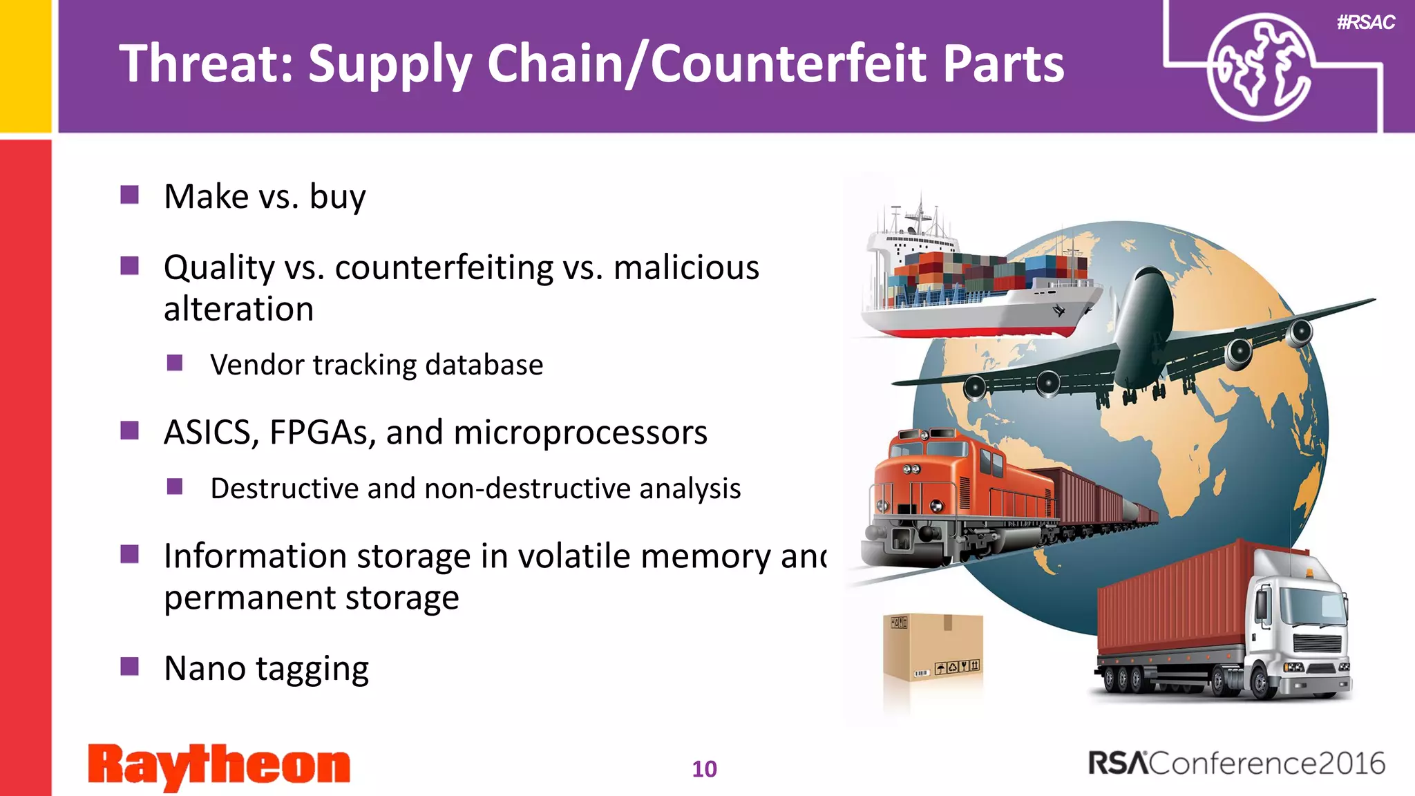 #RSAC
Threat: Supply Chain/Counterfeit Parts
Make vs. buy
Quality vs. counterfeiting vs. malicious
alteration
Vendor tracking database
ASICS, FPGAs, and microprocessors
Destructive and non-destructive analysis
Information storage in volatile memory and
permanent storage
Nano tagging
10
 