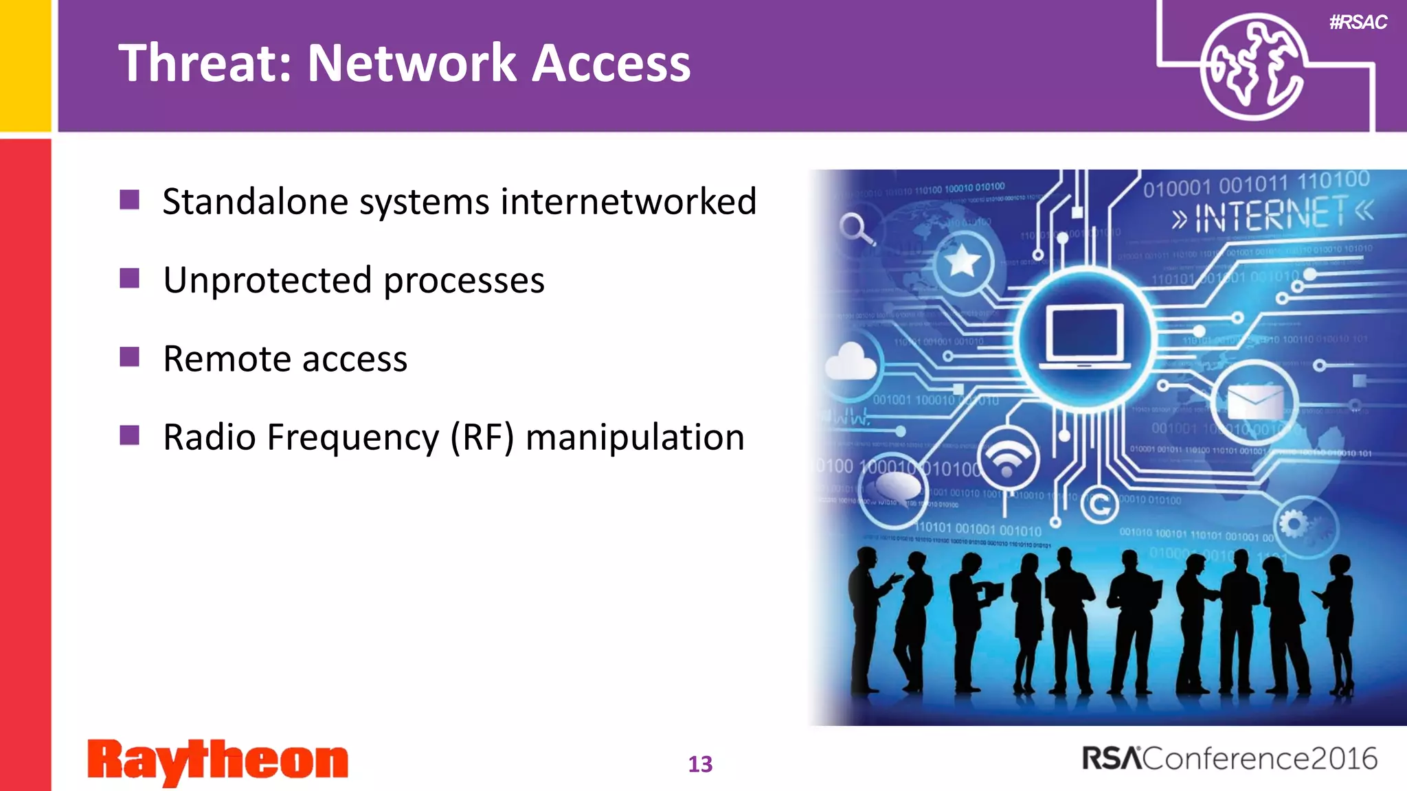 #RSAC
Threat: Network Access
Standalone systems internetworked
Unprotected processes
Remote access
Radio Frequency (RF) manipulation
13
 