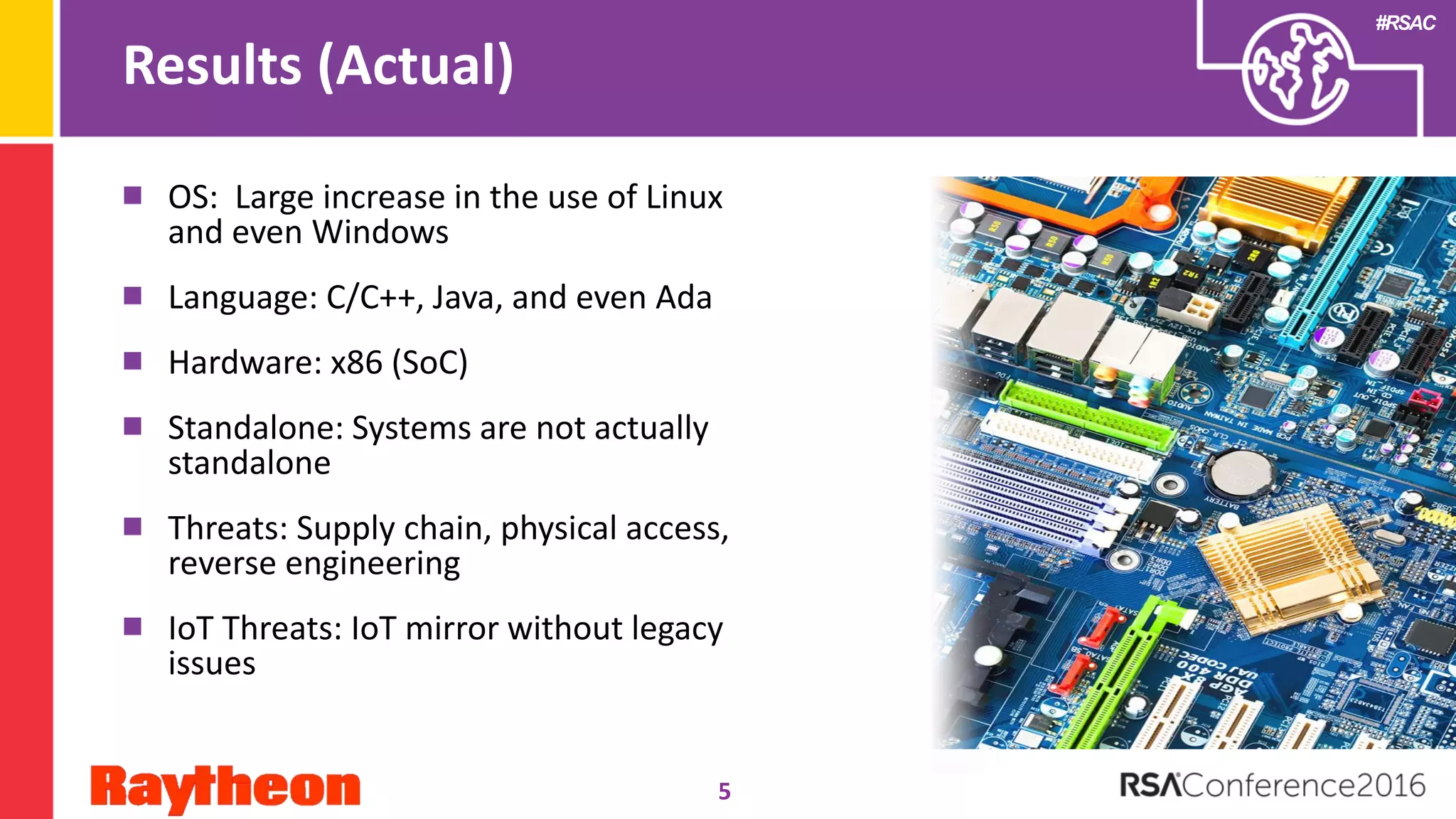 #RSAC
Results (Actual)
OS: Large increase in the use of Linux
and even Windows
Language: C/C++, Java, and even Ada
Hardware: x86 (SoC)
Standalone: Systems are not actually
standalone
Threats: Supply chain, physical access,
reverse engineering
IoT Threats: IoT mirror without legacy
issues
5
 
