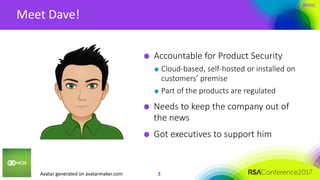 #RSAC
Meet Dave!
3
Accountable for Product Security
Cloud-based, self-hosted or installed on
customers’ premise
Part of the products are regulated
Needs to keep the company out of
the news
Got executives to support him
Avatar generated on avatarmaker.com
 