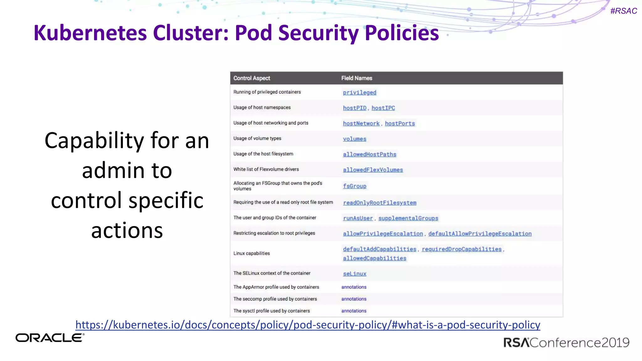 #RSAC
Kubernetes Cluster: Pod Security Policies
https://kubernetes.io/docs/concepts/policy/pod-security-policy/#what-is-a-pod-security-policy
Capability for an
admin to
control specific
actions
 