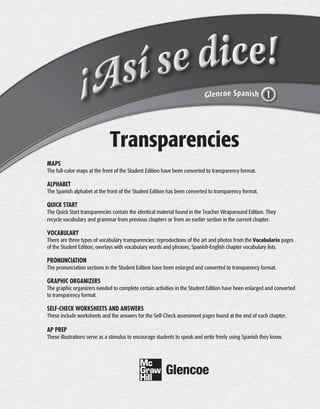 Transparencies
MAPS
The full-color maps at the front of the Student Edition have been converted to transparency format.

ALPHABET
The Spanish alphabet at the front of the Student Edition has been converted to transparency format.

QUICK START
The Quick Start transparencies contain the identical material found in the Teacher Wraparound Edition. They
recycle vocabulary and grammar from previous chapters or from an earlier section in the current chapter.

VOCABULARY
There are three types of vocabulary transparencies: reproductions of the art and photos from the Vocabulario pages
of the Student Edition; overlays with vocabulary words and phrases; Spanish-English chapter vocabulary lists.

PRONUNCIATION
The pronunciation sections in the Student Edition have been enlarged and converted to transparency format.

GRAPHIC ORGANIZERS
The graphic organizers needed to complete certain activities in the Student Edition have been enlarged and converted
to transparency format.

SELF-CHECK WORKSHEETS AND ANSWERS
These include worksheets and the answers for the Self-Check assessment pages found at the end of each chapter.

AP PREP
These illustrations serve as a stimulus to encourage students to speak and write freely using Spanish they know.
 