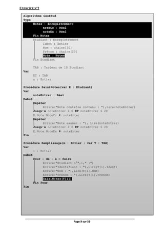 Page 9 sur 56
EXERCICE N°2
Algorithme GesEtud
Type
Notes : Enregistrement
noteCc : Réel
noteEx : Réel
Fin Notes
Etudiant : Enregistrement
Ident : Entier
Nom : chaine[30]
Prénom : chaine[20]
Note : Notes
Fin Etudiant
TAB : Tableau de 10 Etudiant
Var
ET : TAB
n : Entier
Procédure SaisiNotes(var E : Etudiant)
Var
noteEntrer : Réel
Début
Répéter
Ecrire("Note contrôle contenu : "),Lire(noteEntrer)
Jusqu’à noteEntrer ≥ 0 ET noteEntrer ≤ 20
E.Note.NoteCc  noteEnter
Répéter
Ecrire("Note examen : "), Lire(noteEntrer)
Jusqu’à noteEntrer ≥ 0 ET noteEntrer ≤ 20
E.Note.NoteEx  noteEnter
Fin
Procédure Remplissage(m : Entier ; var T : TAB)
Var
i : Entier
Début
Pour i de 1 à m faire
Ecrire("Etudiant n°",i," :")
Ecrire("Identifiant : "),Lire(T[i].Ident)
Ecrire("Nom : "),Lire(T[i].Nom)
Ecrire("Prénom : "),Lire(T[i].Prénom)
SaisiNotes(T[i])
Fin Pour
Fin
 