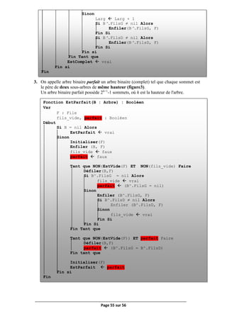 Page 55 sur 56
3. On appelle arbre binaire parfait un arbre binaire (complet) tel que chaque sommet est
le père de deux sous-arbres de même hauteur (figure3).
Un arbre binaire parfait possède 2h+1
-1 sommets, où h est la hauteur de l'arbre.
Sinon
Larg  Larg + 1
Si B^.FilsG ≠ nil Alors
Enfiler(B^.FilsG, F)
Fin Si
Si B^.FilsD ≠ nil Alors
Enfiler(B^.FilsD, F)
Fin Si
Fin si
Fin Tant que
EstComplet  vrai
Fin si
Fin
Fonction EstParfait(B : Arbre) : Booléen
Var
F : File
fils_vide, parfait : Booléen
Début
Si B = nil Alors
EstParfait  vrai
Sinon
Initialiser(F)
Enfiler (B, F)
fils_vide  faux
parfait  faux
Tant que NON(EstVide(F) ET NON(fils_vide) Faire
Défiler(B,F)
Si B^.FilsG = nil Alors
fils_vide  vrai
parfait  (B^.FilsG = nil)
Sinon
Enfiler (B^.FilsG, F)
Si B^.FilsD ≠ nil Alors
Enfiler (B^.FilsD, F)
Sinon
fils_vide  vrai
Fin Si
Fin Si
Fin Tant que
Tant que NON(EstVide(F)) ET parfait Faire
Défiler(B,F)
parfait  (B^.FilsG = B^.FilsD)
Fin tant que
Initialiser(F)
EstParfait  parfait
Fin si
Fin
 
