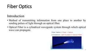 Fiber Optics
Introduction
• Method of transmitting information from one place to another by
sending pulses of light through an optical fiber.
• Optical Fiber is a cylindrical waveguide system through which optical
wave can propagate.
16
 