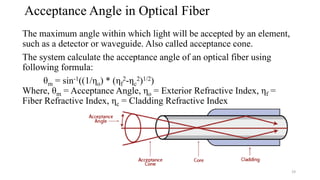 Acceptance Angle in Optical Fiber
The maximum angle within which light will be accepted by an element,
such as a detector or waveguide. Also called acceptance cone.
The system calculate the acceptance angle of an optical fiber using
following formula:
θm = sin-1((1/ηo) * (ηf
2-ηc
2)1/2)
Where, θm = Acceptance Angle, ηo = Exterior Refractive Index, ηf =
Fiber Refractive Index, ηc = Cladding Refractive Index
19
 