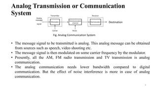 Analog Transmission or Communication
System
8
Fig. Analog Communication System
Destination
• The message signal to be transmitted is analog. This analog message can be obtained
from sources such as speech, video shooting etc.
• The message signal is then modulated on some carrier frequency by the modulator.
• Presently, all the AM, FM radio transmission and TV transmission is analog
communication.
• The analog communication needs lower bandwidth compared to digital
communication. But the effect of noise interference is more in case of analog
communication.
 