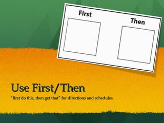 Use First/Then
“first do this, then get that” for directions and schedules.
 