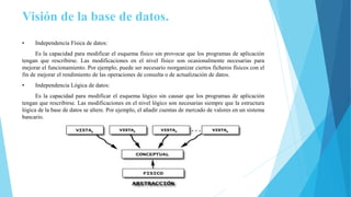 Visión de la base de datos.
• Independencia Física de datos:
Es la capacidad para modificar el esquema físico sin provocar que los programas de aplicación
tengan que rescribirse. Las modificaciones en el nivel físico son ocasionalmente necesarias para
mejorar el funcionamiento. Por ejemplo, puede ser necesario reorganizar ciertos ficheros físicos con el
fin de mejorar el rendimiento de las operaciones de consulta o de actualización de datos.
• Independencia Lógica de datos:
Es la capacidad para modificar el esquema lógico sin causar que los programas de aplicación
tengan que rescribirse. Las modificaciones en el nivel lógico son necesarias siempre que la estructura
lógica de la base de datos se altere. Por ejemplo, el añadir cuentas de mercado de valores en un sistema
bancario.
 