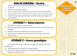Este cenário retrata o Brasil miscigenado ou a formação étnica
brasileira.
● O que você vê neste quadro?
● Você conhece a obra “Operários”, de Tarsila do Amaral? Você pode
acessá-la pelo link: http://www.iea.usp.br/imagens/operarios-tarsila-do-amaral/view
● Você sabe quais povos já habitavam o Brasil antes da chegada dos
portugueses?
RODA DE CONVERSA - Cenário
ATIVIDADE 1 - Novas palavras
ATIVIDADE 2 - Árvore genealógica
A proposta é conhecer novas palavras.
● Descubra como falamos algumas palavras em tupi, caminhando pelo
tracejado.
● Explore o dicionário ilustrado on-line de tupi-guarani.
● Nas palavras cruzadas, trouxemos termos do universo da cultura
afro-brasileira.
A proposta é descobrir e registrar as origens da criança na árvore
genealógica.
● Vamos desenhar e descobrir as nossas origens.
● Importante: pesquise sobre as raízes familiares, de quais países vieram os
integrantes da família etc.
36
ORIENTAÇÕES
PARA O
EDUCADOR
 