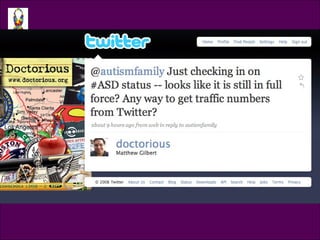 Tweet @doctorious @autismfamily Just checking in on #ASD status -- looks liike it is still in full force? Any way to get traffic numbers from Twitter?  