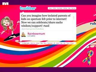 Isolation vs. Community Tweet @RainbowMum Can you imagine how isolated parents of kids on spectrum felt prior to internet! Now we can celebrate/share eachs wisdom/support! #asd 
