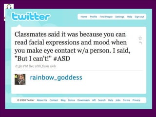 Tweet @rainbow_goddess Classmates said it was because you can read facial expressions and mood when you make eye contact w/a person. I said “But I can’t!”  