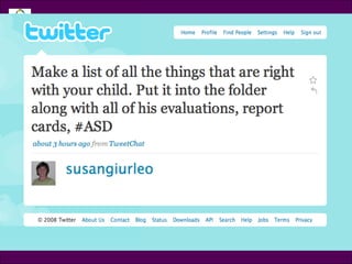 Tweet @susangiurleo Make a list of all the things that are right with your child. Put it into the folder along with all of his evaluations, report cards …  