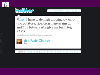 Tweet @denipath4change @navi I have to do high protein, low carb - no potatoes, rice, corn … not grains … and I do better. Carbs give me brain fog 