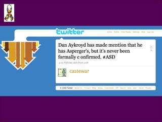 Tweet @casteware Dan Akroyd has made mention that he has Asperger’s, but it’s never been formally confirmed.  