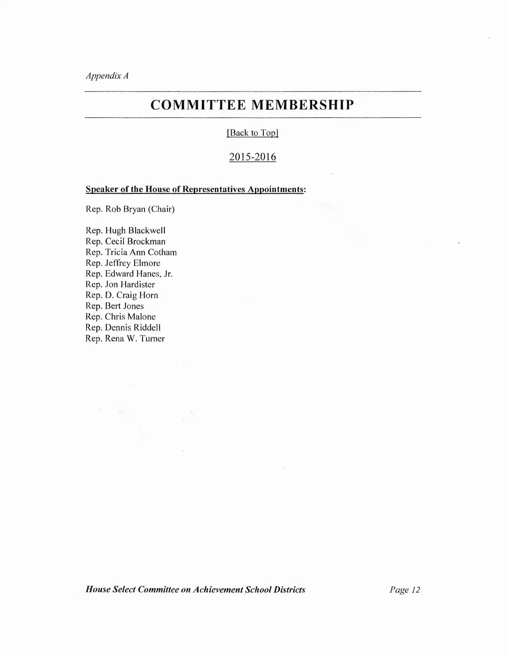 Appendix A
COMMITTEE MEMBERSHIP
[Back to Top]
2015-2016
Speaker of the House ofRepresentatives Appointments:
Rep. Rob Bryan (Chair)
Rep. Hugh Blackwell
Rep. Cecil Brockman
Rep. Tricia Ann Cotham
Rep. Jeffrey Elmore
Rep. Edward Hanes, Jr.
Rep. Jon Hardister
Rep. D. Craig Horn
Rep. Bert Jones
Rep. Chris Malone
Rep. Dennis Riddell
Rep. Rena W. Turner
House Select Committee on Achievement School Districts Page 12
 