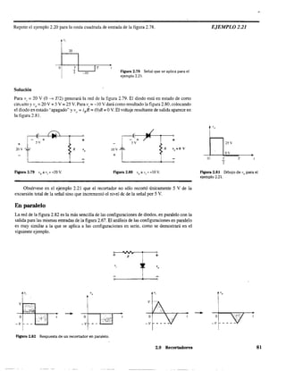 Repetir el ejemplo 2.20 para la onda cuadrada de entrada de la figura 2.78.
20
o
Solución
-2
T
,--=---,1 T
10 figura 2.78 Señal que se aplica para el
ejemplo 2.21.
Para vi = 20 V (O -7 T/2) generará la red de la figura 2.79. El diodo está en estado de corto
circuito y Vo =20 V + 5 V =25 V. Para Vi =-10 V dará como resultado la figura 2.80, colocando
el diodo en estado "apagado" y V
o
=iRR =(O)R =OV. El voltaje resultante de salida aparece en
la figura 2.81.
¡=----I+
+ ~ 5V
20 v
FJ.gUra 2.79 V
o a vi =+20 V.
+
R IOV
+
r+1 5V
Figura 2.80 Vo a vi '" -10 V.
+
R v,,=O V
Obsérvese en el ejemplo 2.21 que el recortador no sólo recortó únicamente 5 V de la
excursión total de la señal sino que incrementó el nivel de de la señal por 5 V.
En paralelo
La red de la figura 2.82 es la más sencilla de las configuraciones de diodos, en paralelo con la
salida para las mismas entradas de la figura 2.67. El análisis de las configuraciones en paralelo
es muy similar a la que se aplica a las configuraciolles en serie, como se demostrará en el
siguiente ejemplo.
-+-
o
-v
Figura 2.82 Respuesta de un recortadoT en paralelo.
'{---'fV'.,----,--O
+ R +
2.9 Recortadores
o
EJEMPLO 2.21
T
"2
25 Y
Oy
T
Figura 2.81 Dibujo de va para el
ejemplo 2.21.
o
-v
81
 